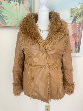 Marc‎ Florence Vintage Y2K Penny Lane Vegan Leather Faux Fur Coat Jacket Medium